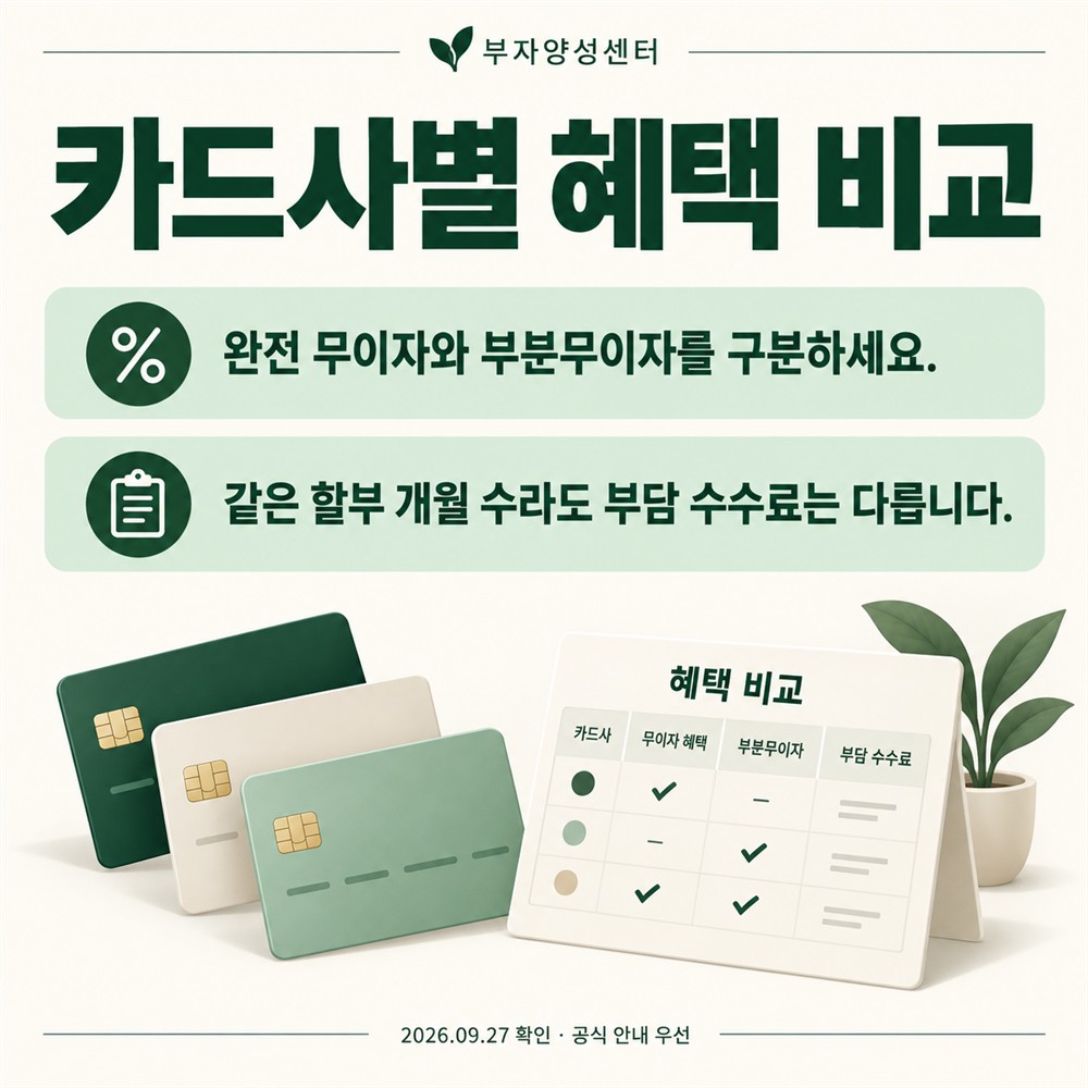 카드사별 혜택 비교: 완전 무이자와 부분무이자를 구분하세요. 같은 할부 개월 수라도 부담 수수료는 다릅니다.