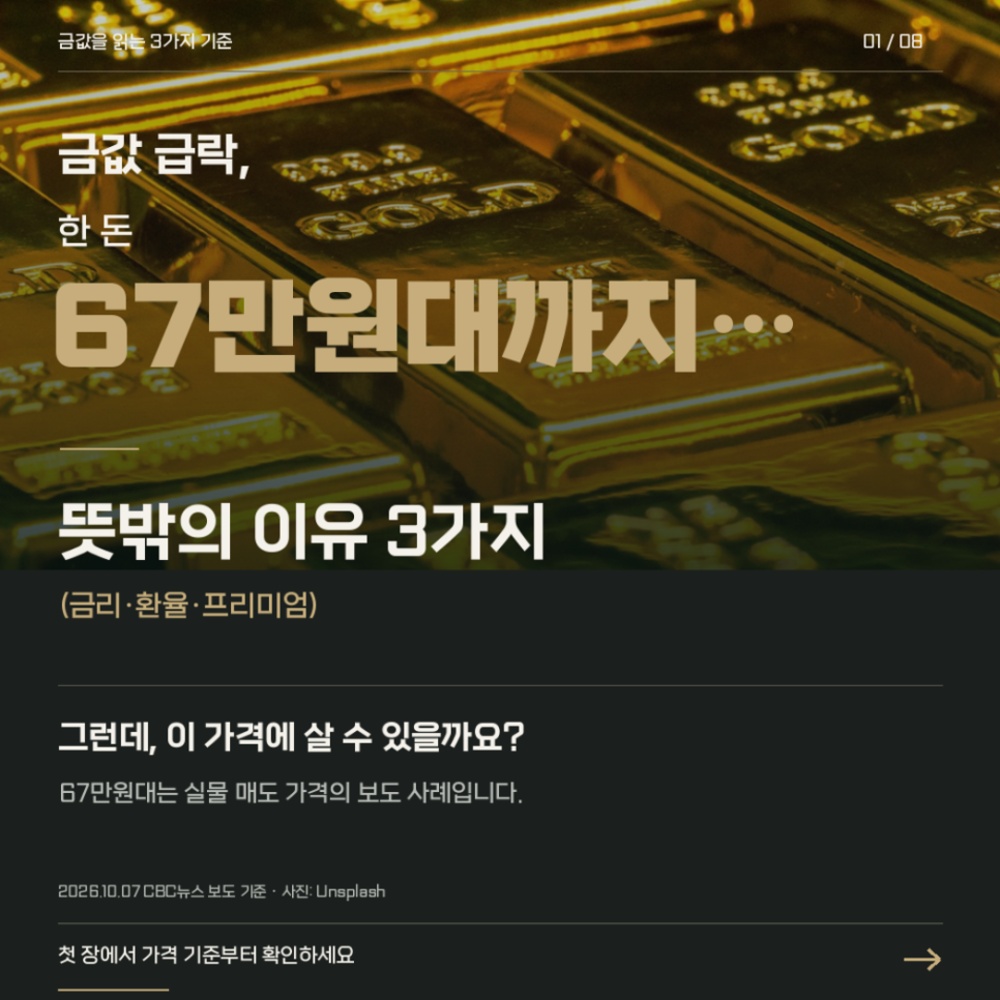 금값 급락, 한 돈 67만원대까지. 금리·환율·프리미엄 세 가지 이유와 금괴 사진을 사용한 원문 썸네일