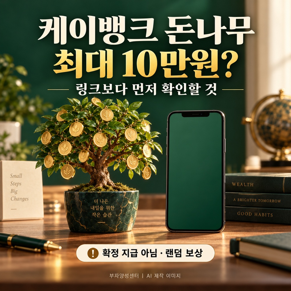 케이뱅크 돈나무 최대 10만원? 링크보다 먼저 확인할 것. 확정 지급이 아닌 랜덤 보상. AI 제작 이미지