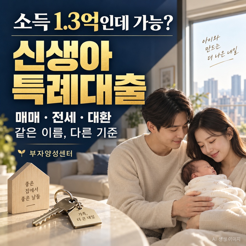 소득 1.3억인데 가능? 신생아 특례대출 매매·전세·대환 기준 비교, AI 생성 가족 이미지