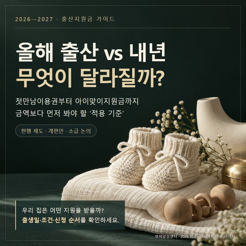 올해 출산 vs 내년, 무엇이 달라질까? 출산지원금 적용 기준과 소급 논의 — AI 제작 육아용품 연출 이미지