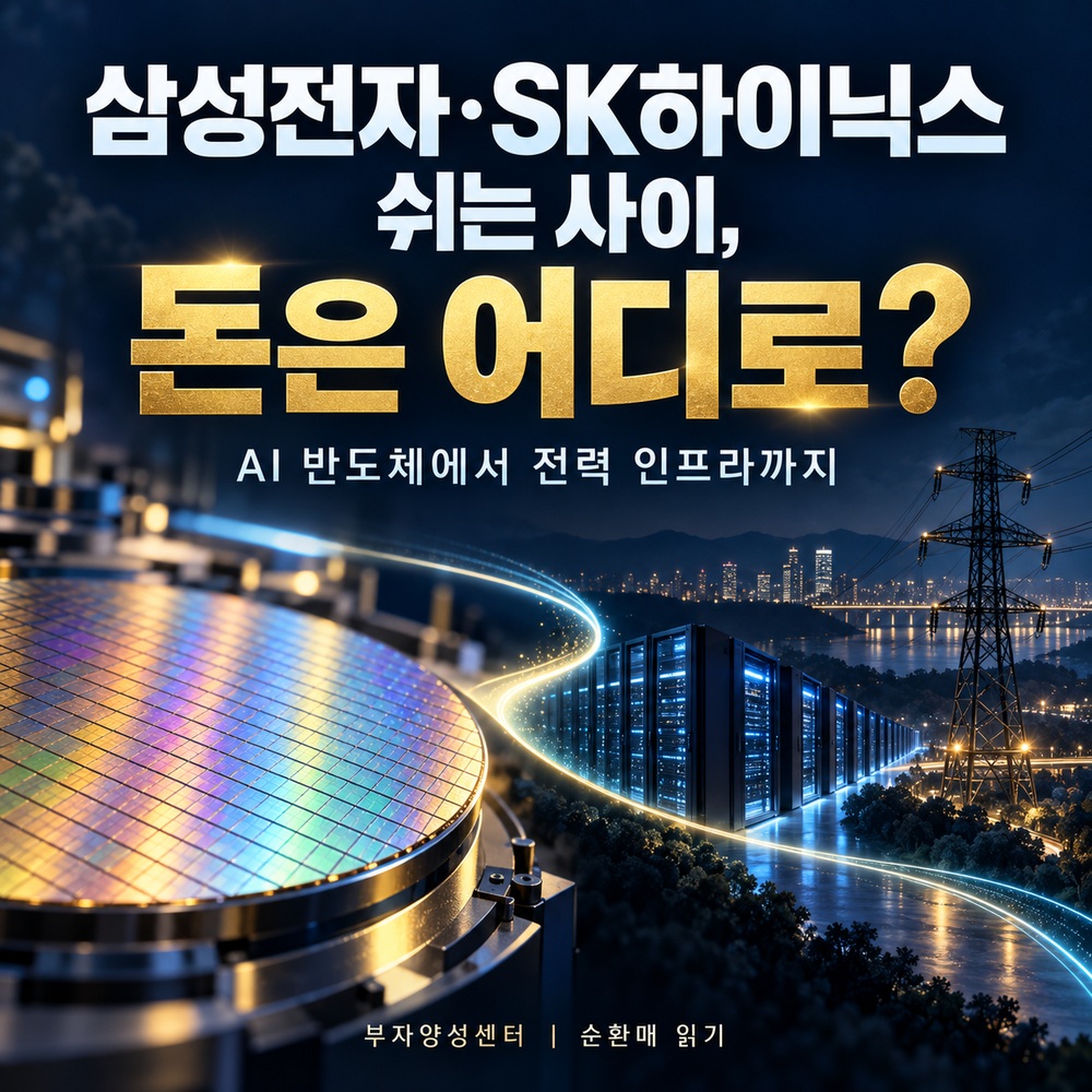 삼성전자·SK하이닉스 쉬는 사이, 돈은 어디로? 반도체와 데이터센터, 전력 인프라를 연결한 AI 제작 콘셉트 썸네일.