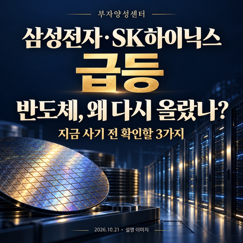 삼성전자·SK하이닉스 급등, 반도체 왜 다시 올랐나? 매수 전 확인할 3가지를 안내하는 설명 이미지. 실제 공장이나 주가 화면이 아닙니다.