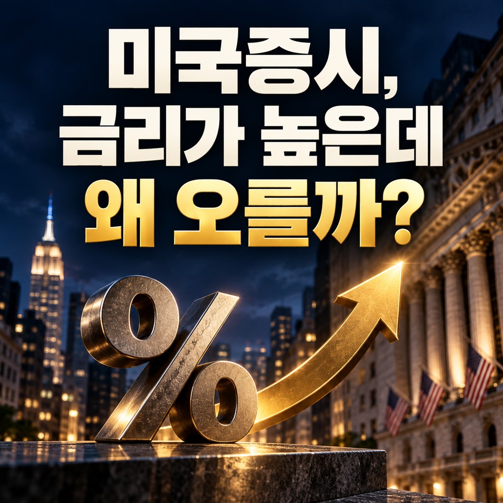 미국증시, 금리가 높은데 왜 오를까? 금리 기호와 상승 화살표를 대비한 AI 제작 콘셉트 썸네일